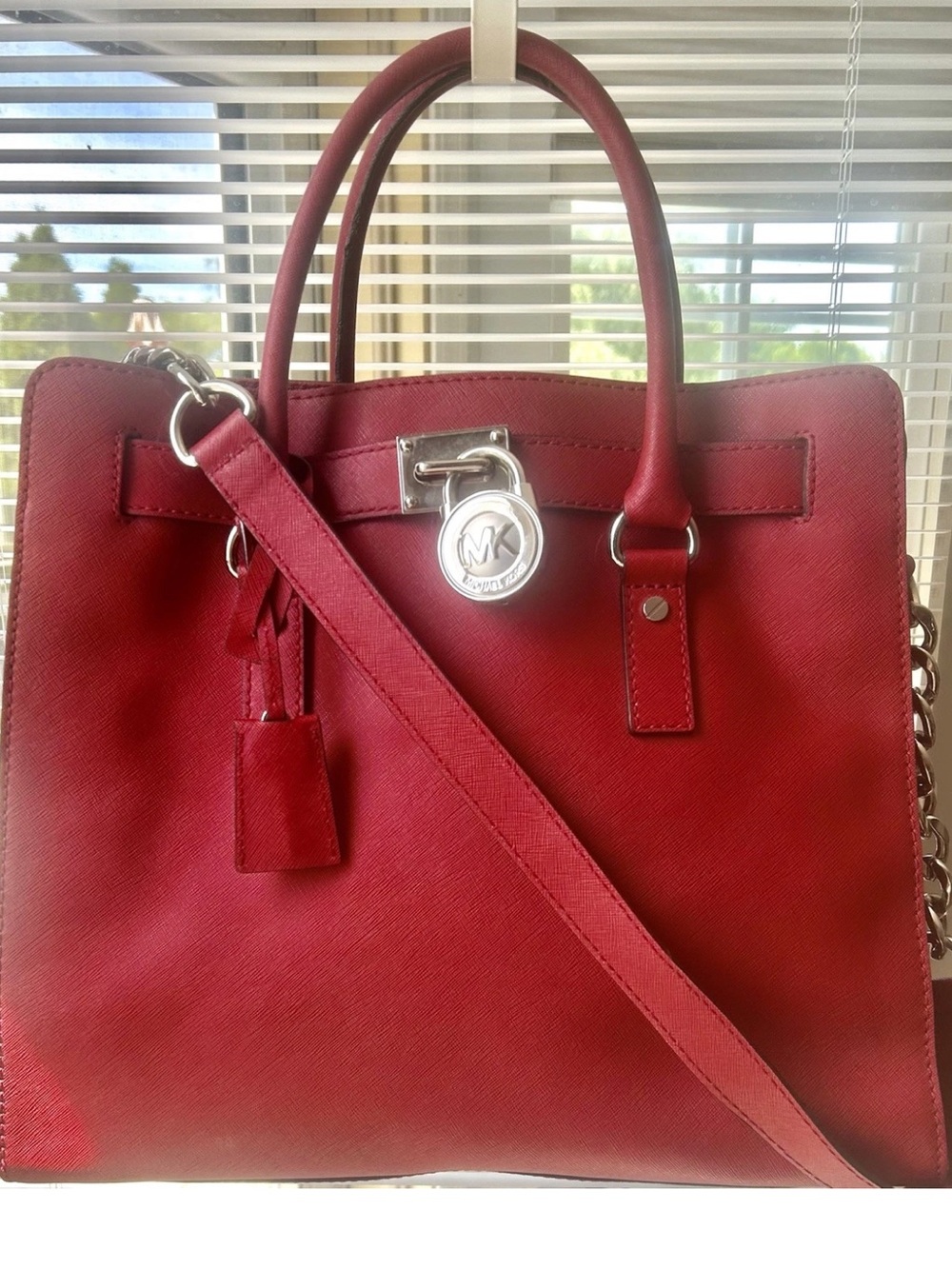 Michael Kors Blood Red Hamilton Satchel w/ Detachable Strap silver hardware